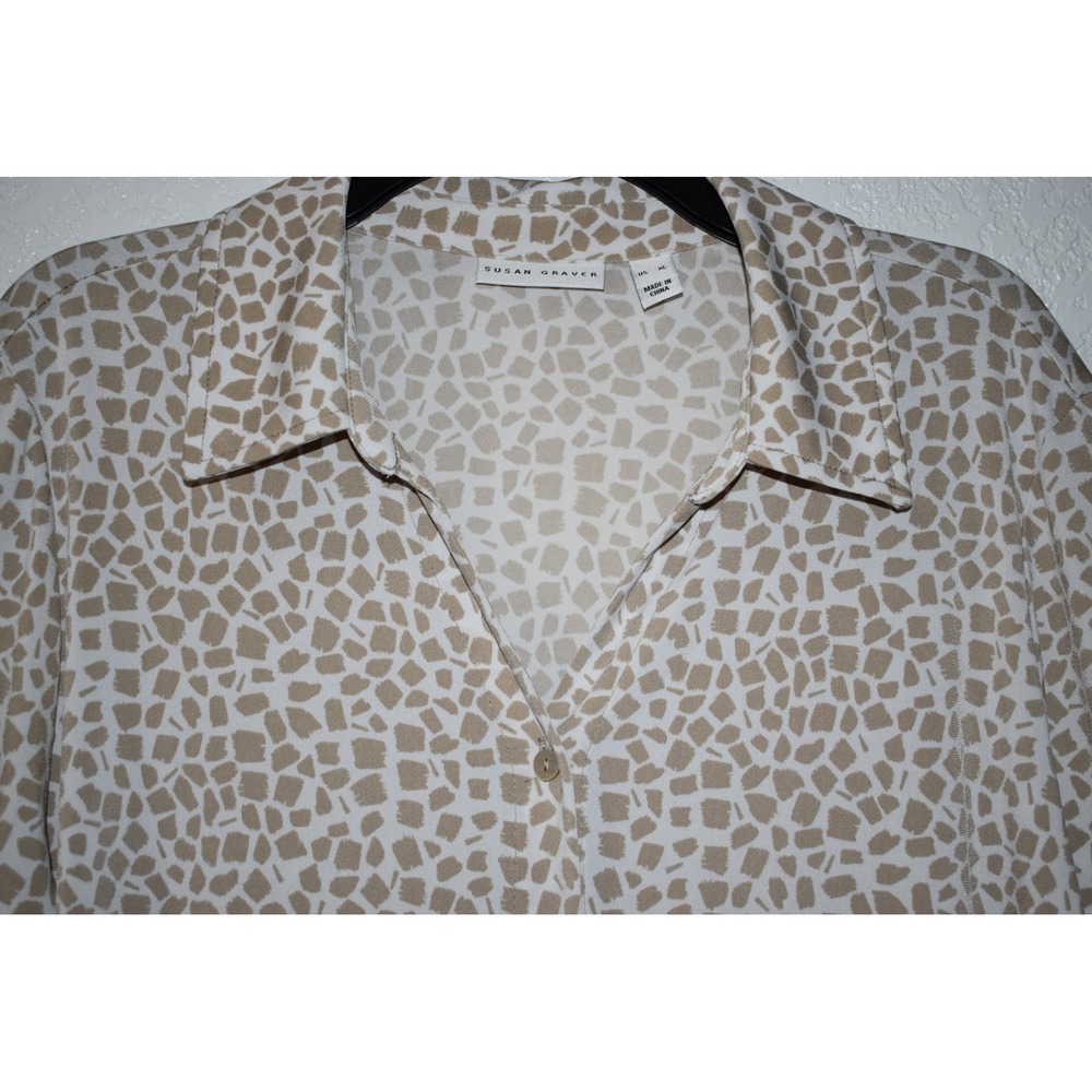 Susan Graver XL Stretch Blouse Button Front Mosaic Print 3/4 Sleeve Tan White - Picture 7 of 16